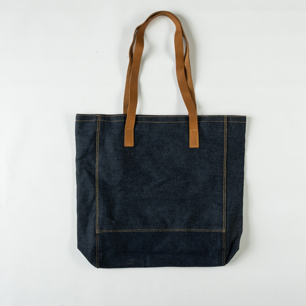 Denim Tote Bag with Leather Handles